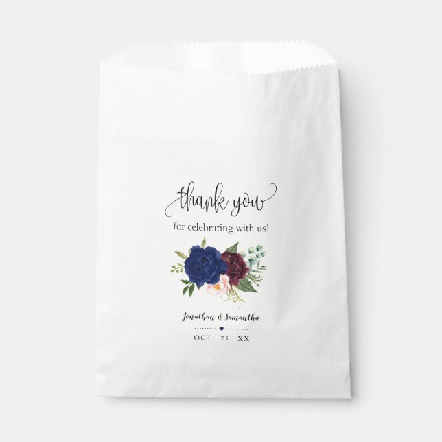 Navy burgundy floral boho chic party wedding favour bags (Front)