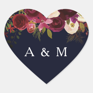 Navy & Burgundy Floral Boho Wedding name favour Heart Sticker