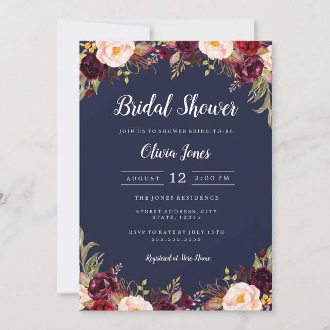 Navy Burgundy Floral Bridal Shower Card (Front)