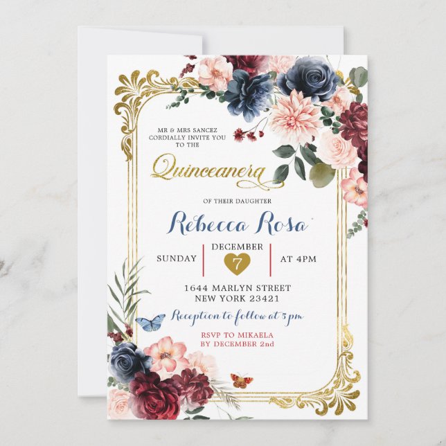 Navy Burgundy Floral Butterfly Quinceañera Invitation (Front)