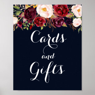 Navy Burgundy Floral Cards And Gifts Wedding Poster