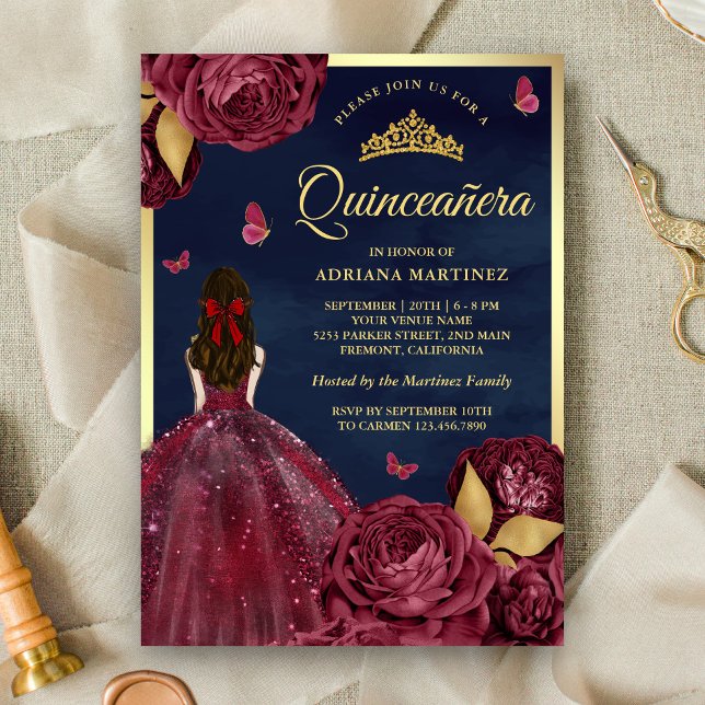 Navy Burgundy Floral Dress Butterfly Quinceanera Invitation (Creator Uploaded)