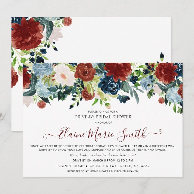 Navy Burgundy Floral Drive Thru Bridal Shower Invitation (Front/Back)