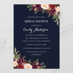 Navy Burgundy Floral Fall Bridal Shower Card