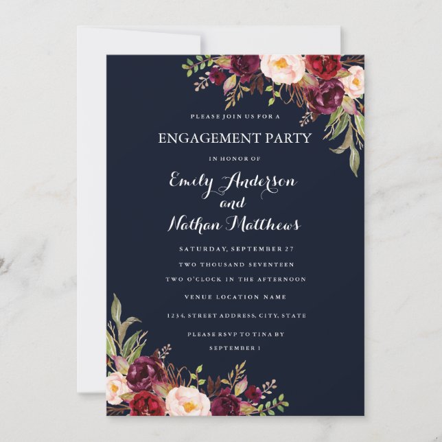 Navy Burgundy Floral Fall Engagement Party Card (Front)