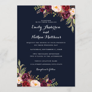 Navy Burgundy Floral Fall Wedding Invitation
