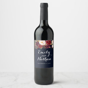 Navy Burgundy Floral Fall Wedding Wine Label