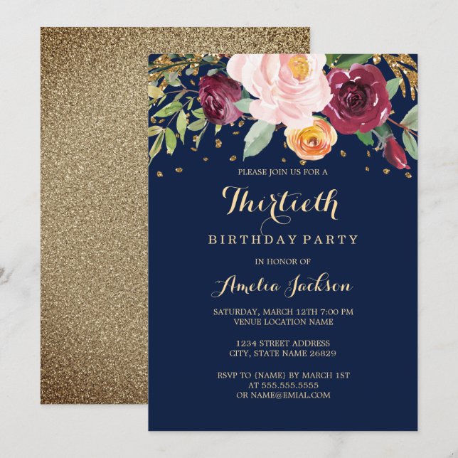 Navy Burgundy Floral Glitter 30th Birthday Party Invitation (Front/Back)
