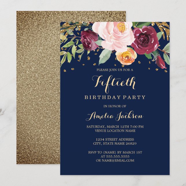 Navy Burgundy Floral Glitter 50th Birthday Party Invitation (Front/Back)