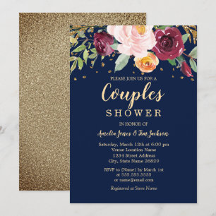 Navy Burgundy Floral Glitter Couples Shower Invitation