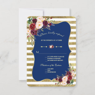 Navy Burgundy Floral Gold Glitter Stripes RSVP Card