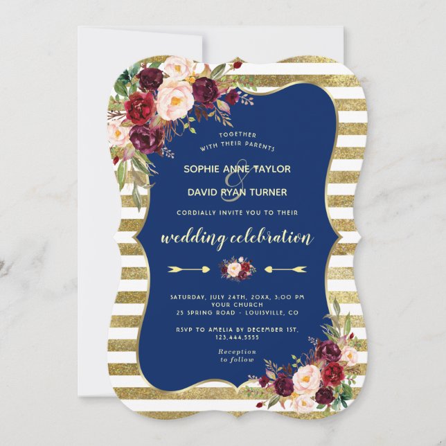 Navy Burgundy Floral Gold Glitter Stripes Wedding Invitation (Front)