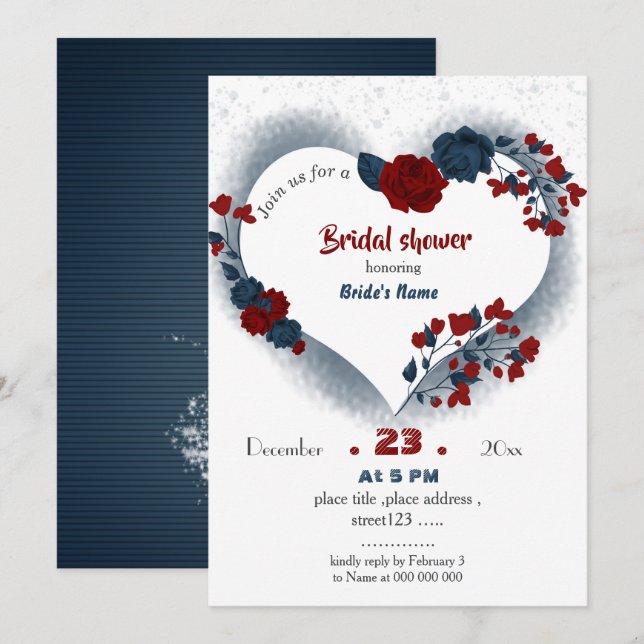 navy & burgundy floral heart bridal shower invitation (Front/Back)