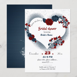 navy & burgundy floral heart bridal shower invitation
