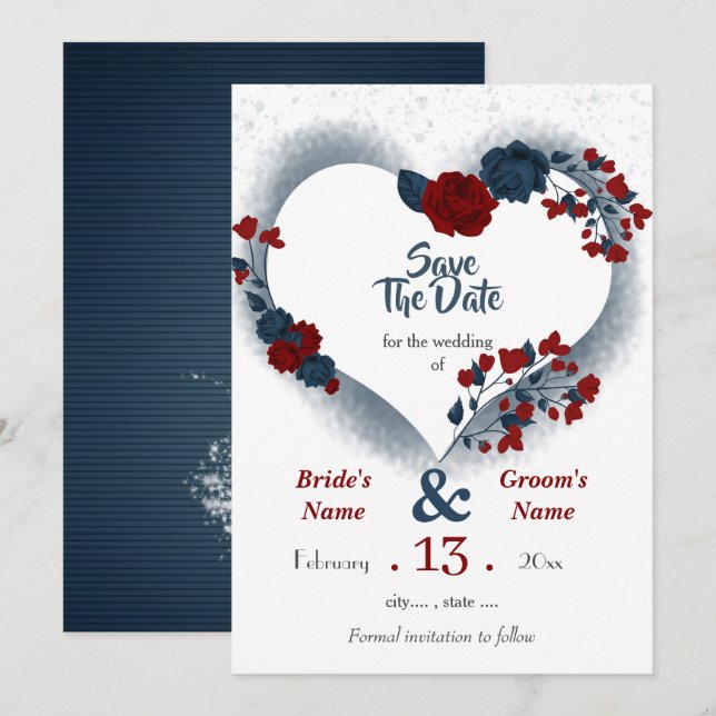 Navy & burgundy floral heart save the date (Front/Back)