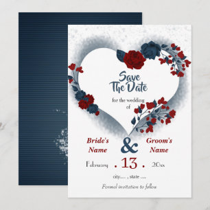 Navy & burgundy floral heart save the date