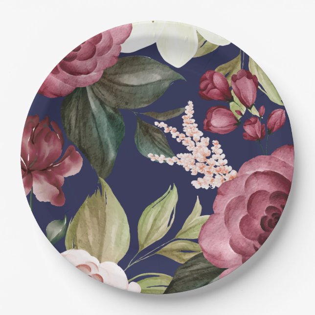 Navy Burgundy Floral Paper Plate (Front)