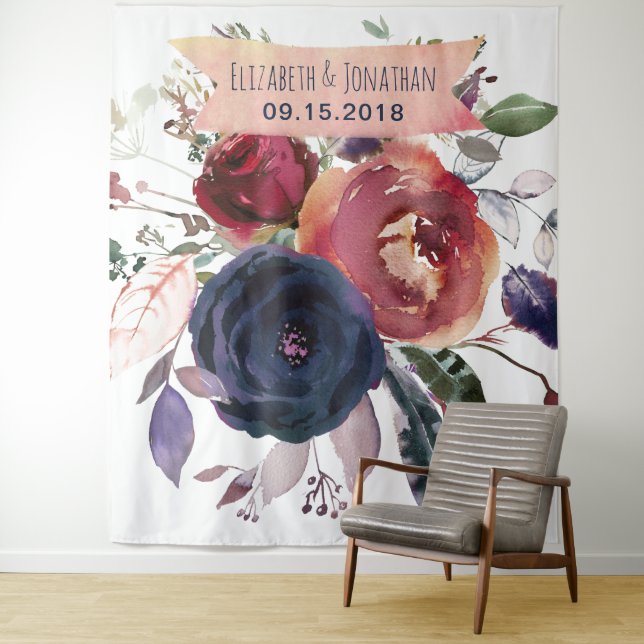 Navy Burgundy Floral Photo Booth Background Tapestry (In Situ)