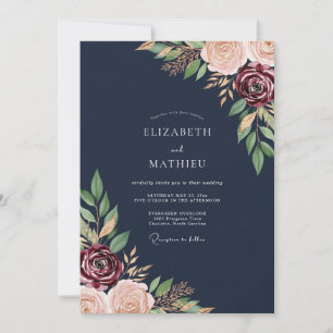 Navy Burgundy Floral Romance Wedding Invitation