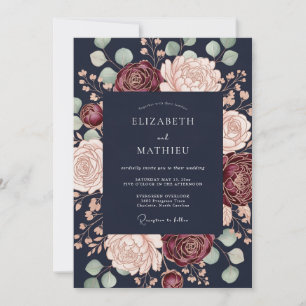 Navy Burgundy Floral Romantic Wedding Invitation