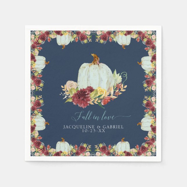 Navy Burgundy Floral Rustic Fall in Love Pumpkin Napkin (Front)