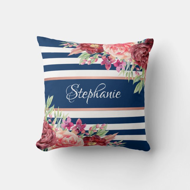 Navy Burgundy Floral Stripes Name Monogram Cushion (Front)