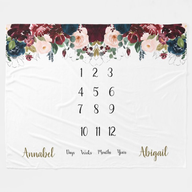 Navy, burgundy floral  Twins Milestone Fleece Blanket (Front (Horizontal))