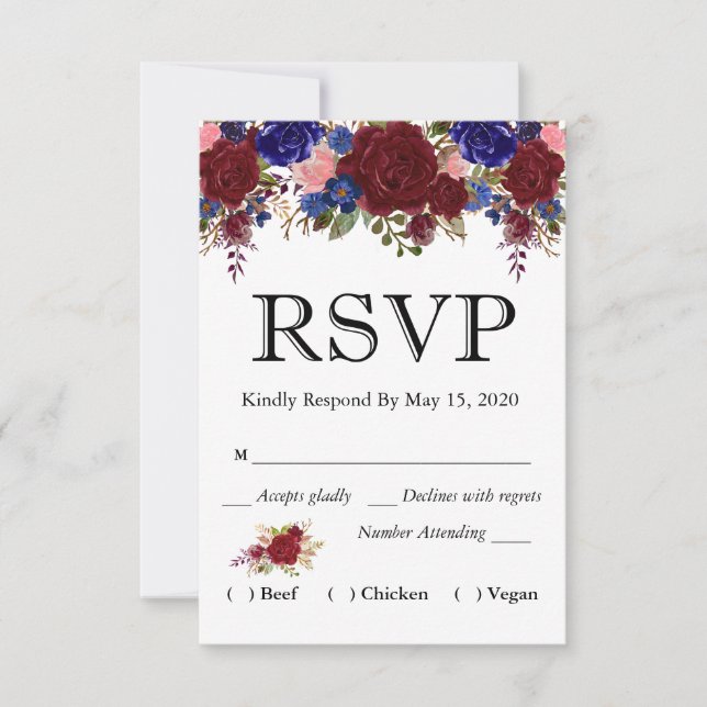 Navy Burgundy Floral Watercolor RSVP Wedding Meal (Front)