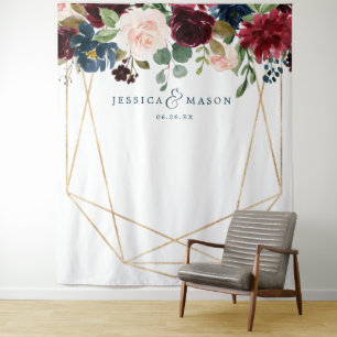 Navy Burgundy Floral Wedding Decor Backdrop Tapestry