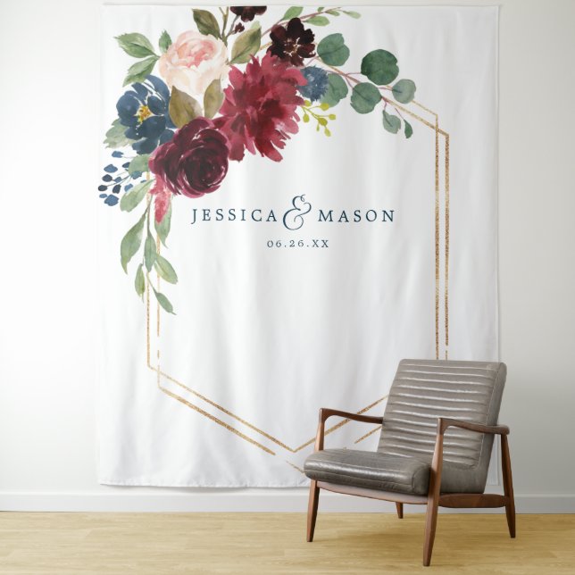 Navy Burgundy Floral Wedding Decor Backdrop Tapestry (In Situ)