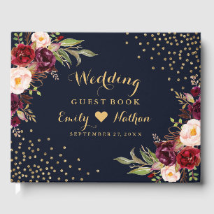 Navy Burgundy Floral Wedding Guest Book