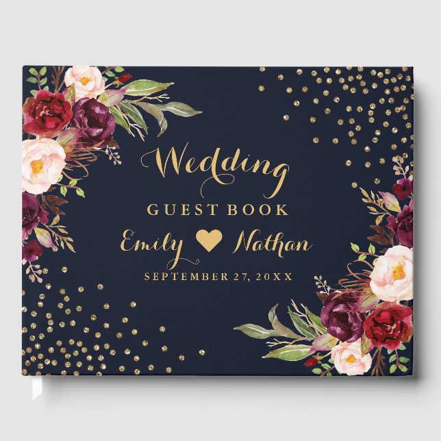 Navy Burgundy Floral Wedding Guest Book (Front)