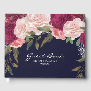 navy burgundy floral wedding guest book elegant