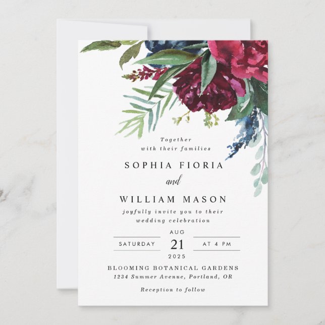 Navy Burgundy Floral Wedding Invitation (Front)