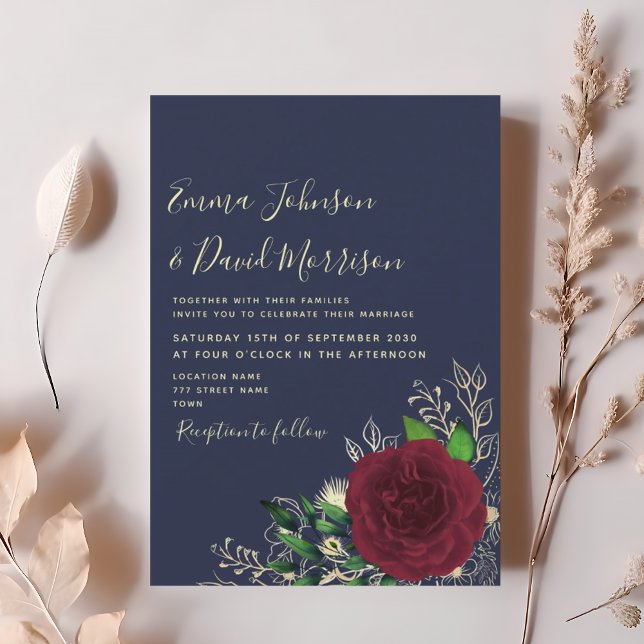 Navy Burgundy Floral Wedding Invitation (Creator Uploaded)