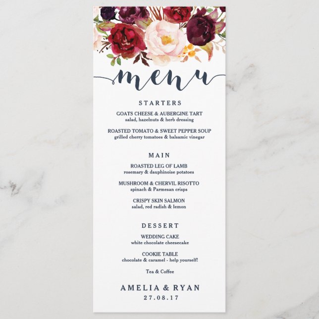 Navy Burgundy Floral Wedding Menu Card (Front)