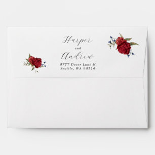 Navy Burgundy Floral Wedding Return Address  Envelope
