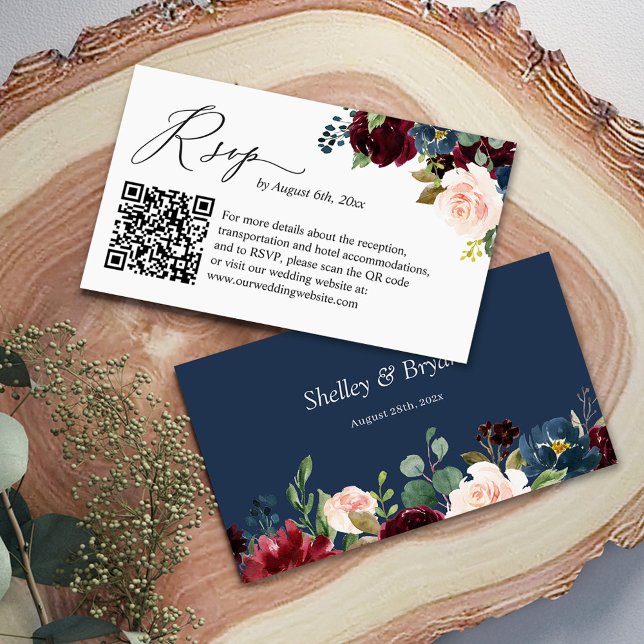 Navy Burgundy Floral Wedding Website RSVP QR Code Enclosure Card (Creator Uploaded)