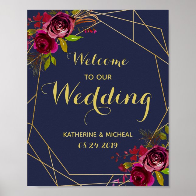 Navy Burgundy Floral Wedding Welcome Sign (Front)