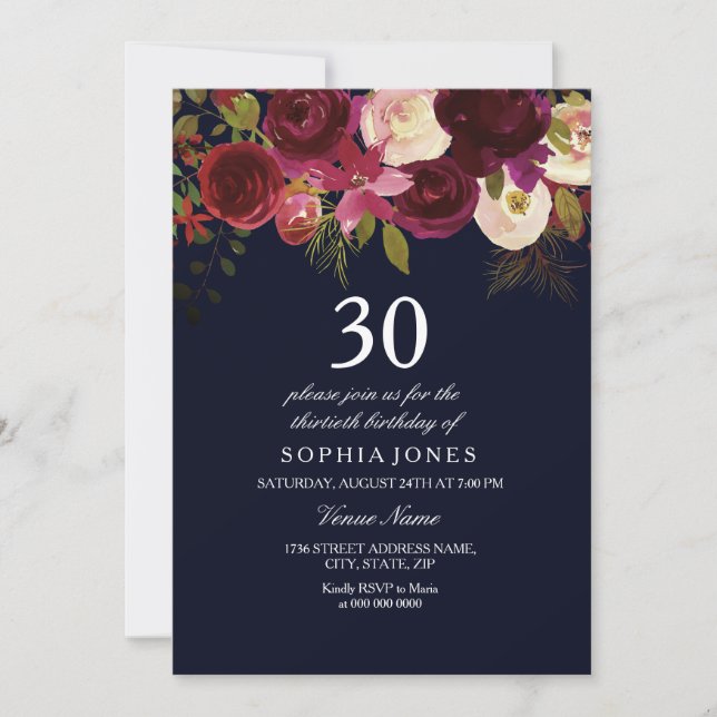 Navy & Burgundy Flowers 30th Birthday Party Invite (Front)