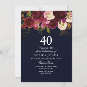 Navy & Burgundy Flowers 40th Birthday Party Invite