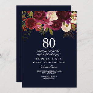 Navy & Burgundy Flowers 80th Birthday Party Invite