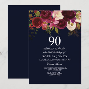 Navy & Burgundy Flowers 90th Birthday Party Invite