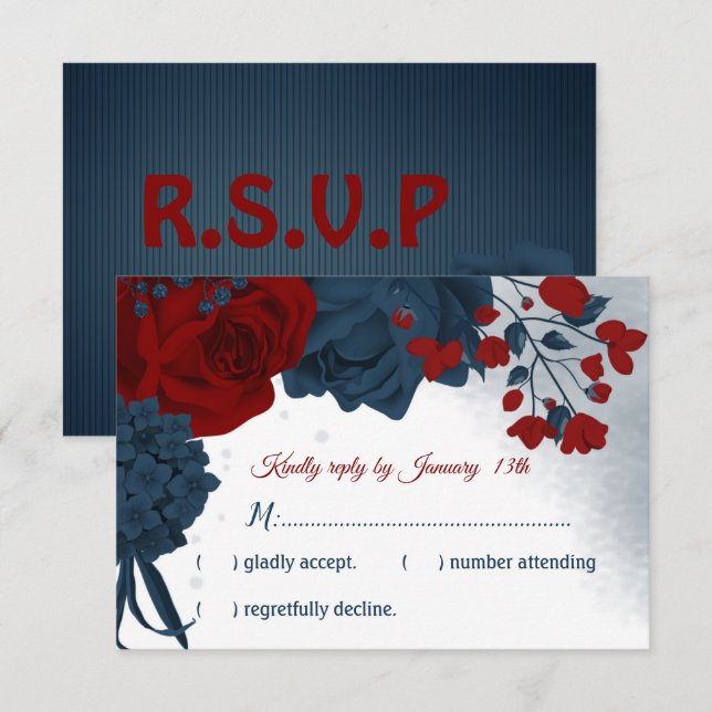 navy & burgundy flowers botanical RSVP card (Front/Back)