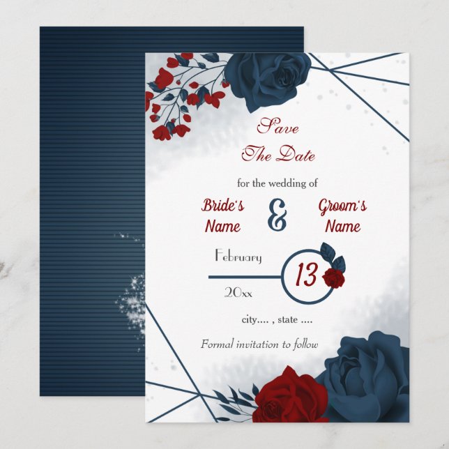 Navy & burgundy flowers romantic  save the date (Front/Back)
