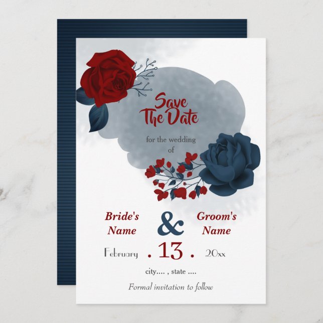 Navy & burgundy flowers romantic save the date (Front/Back)