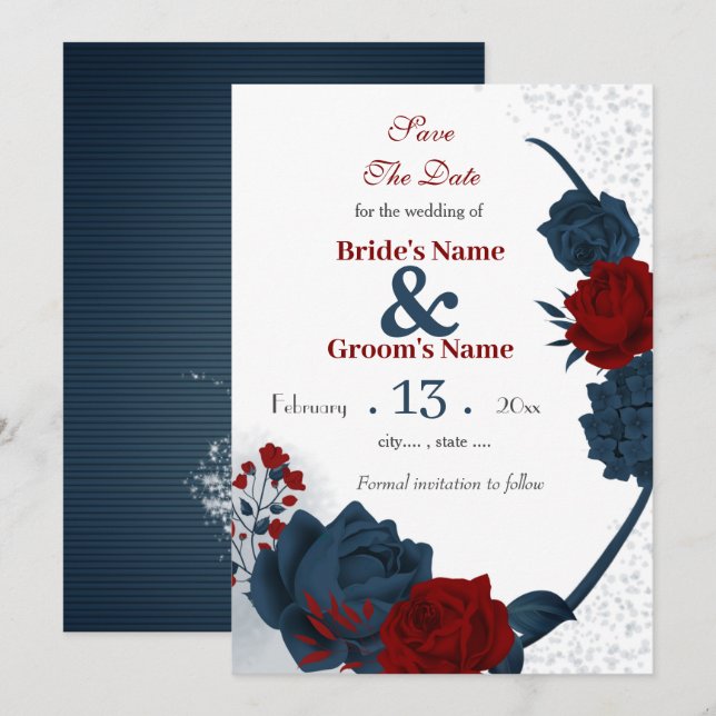 Navy & burgundy flowers romantic save the date (Front/Back)