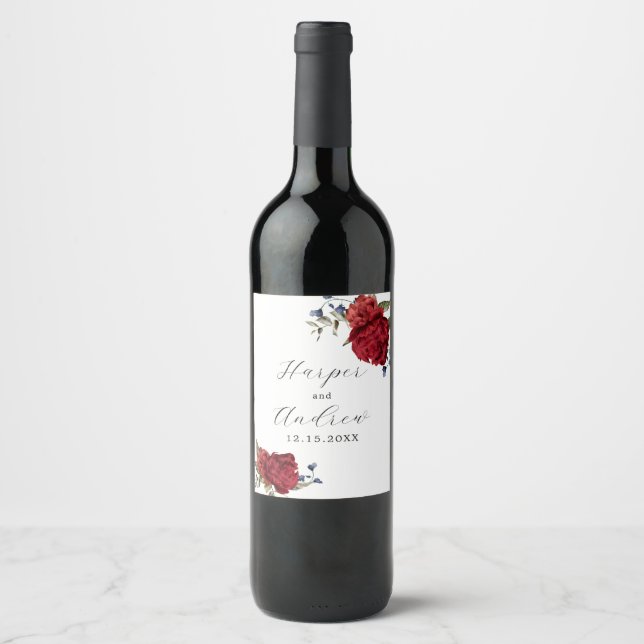 Navy Burgundy Flowers Wedding Wine Label (Front)