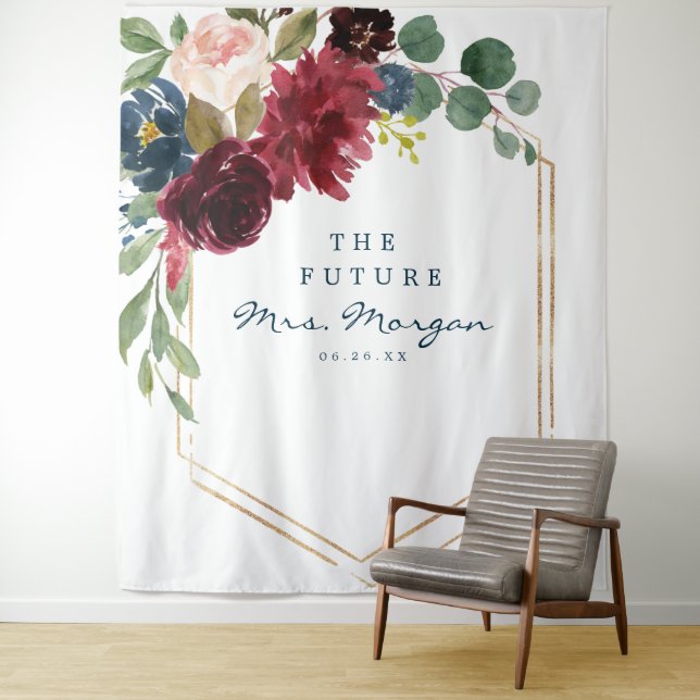 Navy Burgundy Future Mrs Bridal Shower Backdrop Tapestry (In Situ)