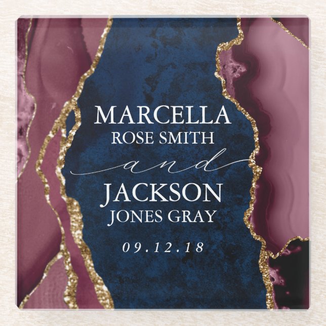 Navy, Burgundy & Gold Agate Wedding Glass Coaster (Front)